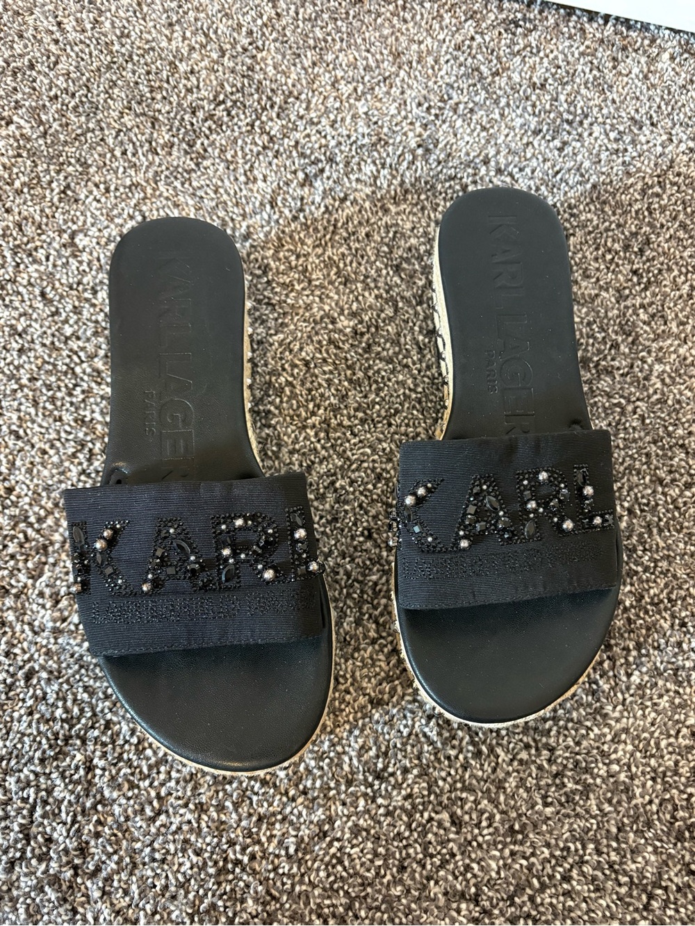 Karl Lagerfeld black rhinestone slides